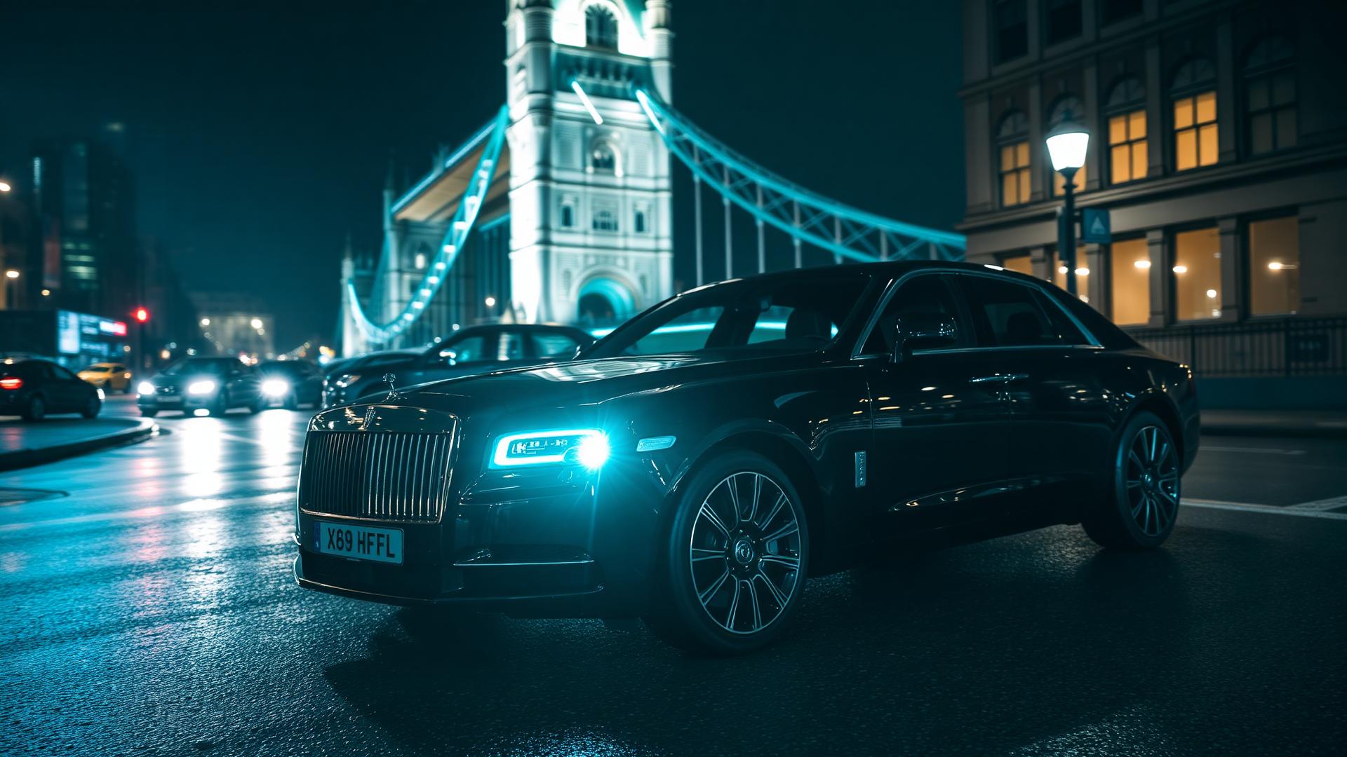 Premium saloon on a wet London street at night